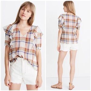 Madewell V-Neck Shoulder-Ruffle Top Shady Plaid Rusted Tin Women's Size M